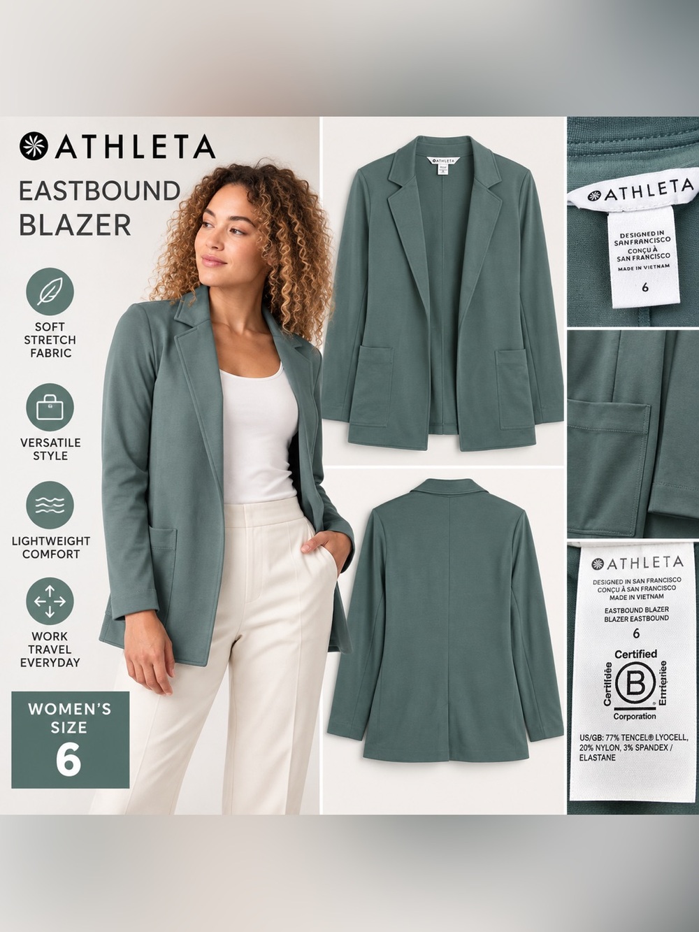 Athleta Eastbound Blazer Women’s Size 6 Green Stretch Tencel